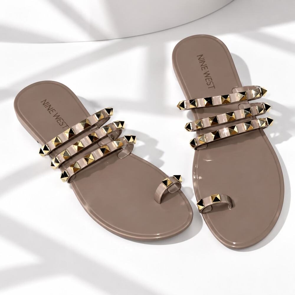 Nine West Nude Jelly Sandals Gold Pyramid Studs Toe Loop Strappy Slides Size 6 M